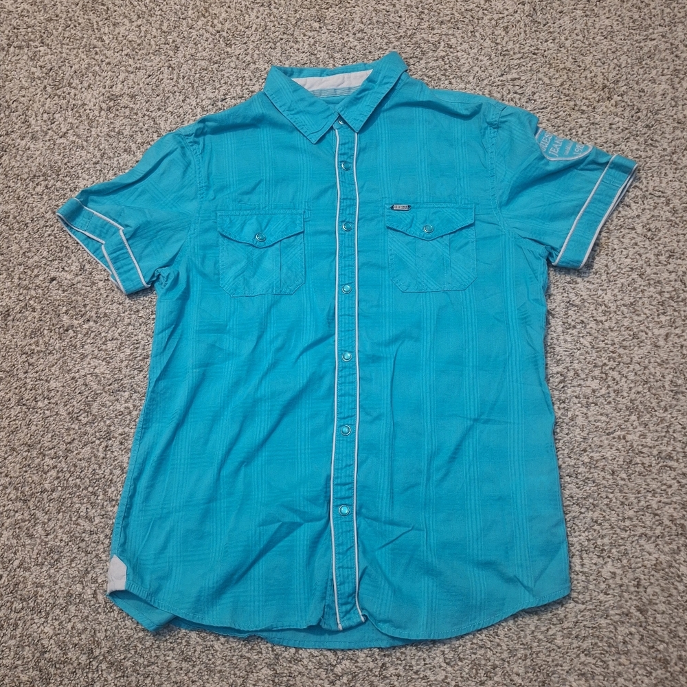 Guess Mens Button Up Short Sleeve Shirt Pearl Snap Turquoise Size Medium